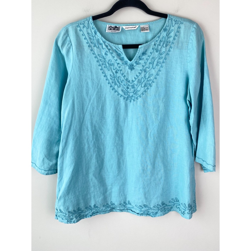 Irish Linen Womens Embroidered Blouse M Blue Coastal Popover Lagenlook Fairy VTG